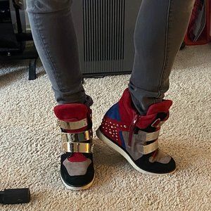 K-Pop Blue Red Gold Studded Sneakers Size 7.5